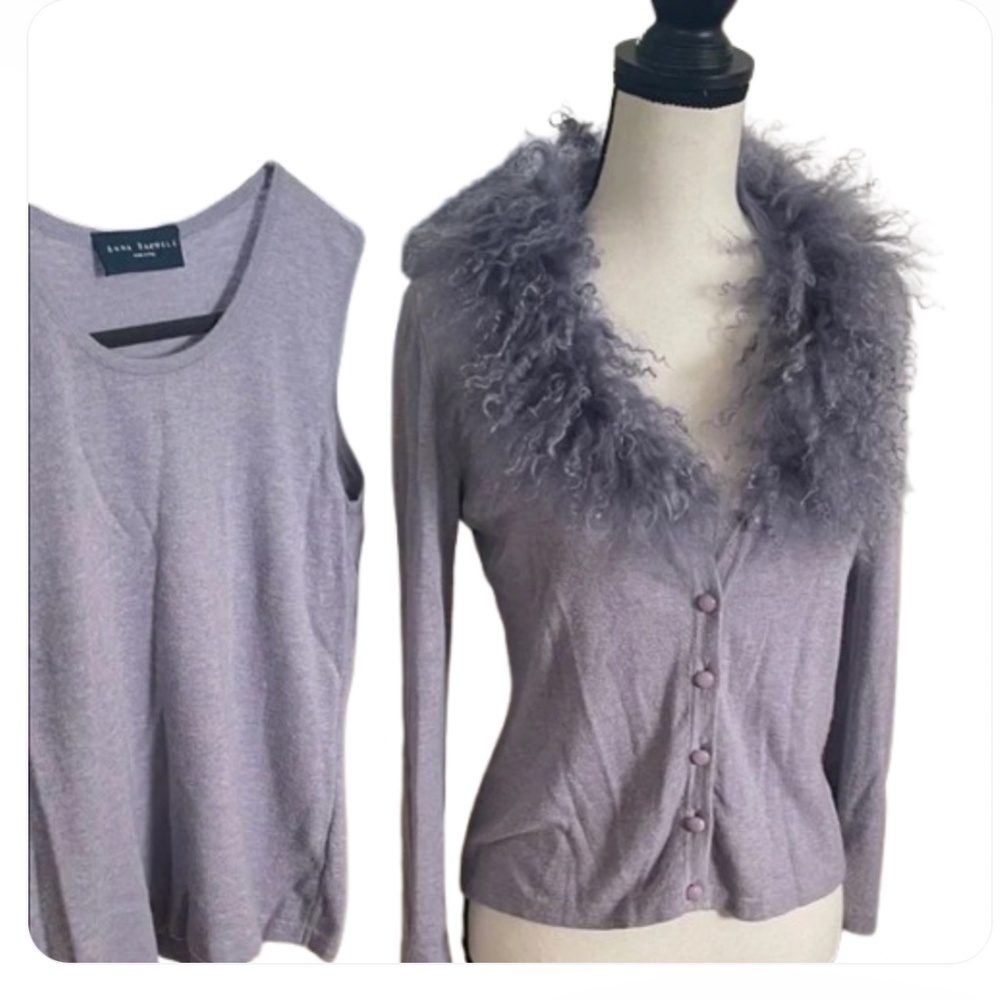 2 pc Cashmere Lavender Cardigan Mongolian lamb wool Fur Collar Italy